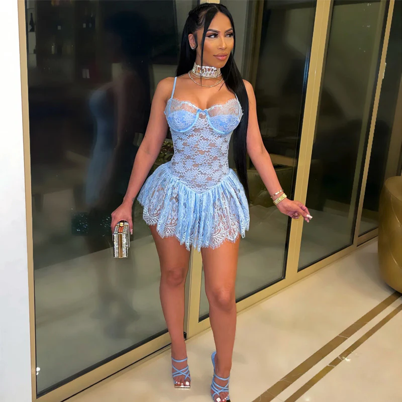 Sexy new arrivals women ladies summer dresses spaghetti strap hot night see throught lace mini dress - Image 6