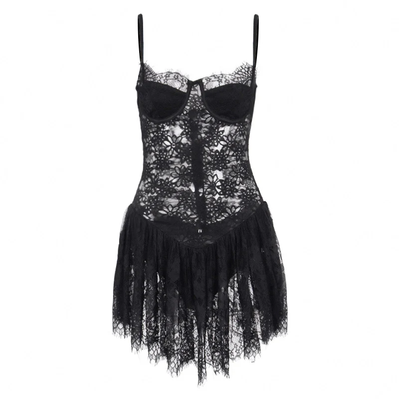 Sexy new arrivals women ladies summer dresses spaghetti strap hot night see throught lace mini dress - Image 9