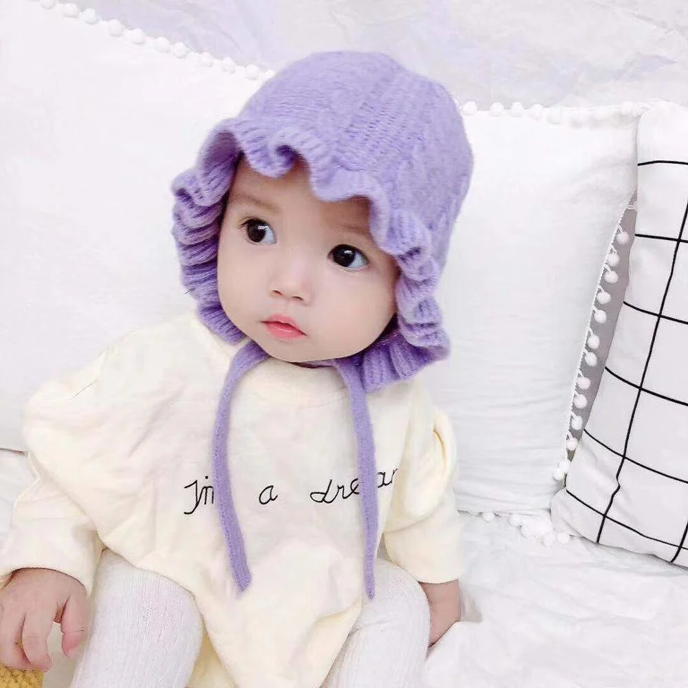 Winter Baby Girls Toddler Solid Print Hats With Ruffle Design Casual Caps Headwear New - Image 12