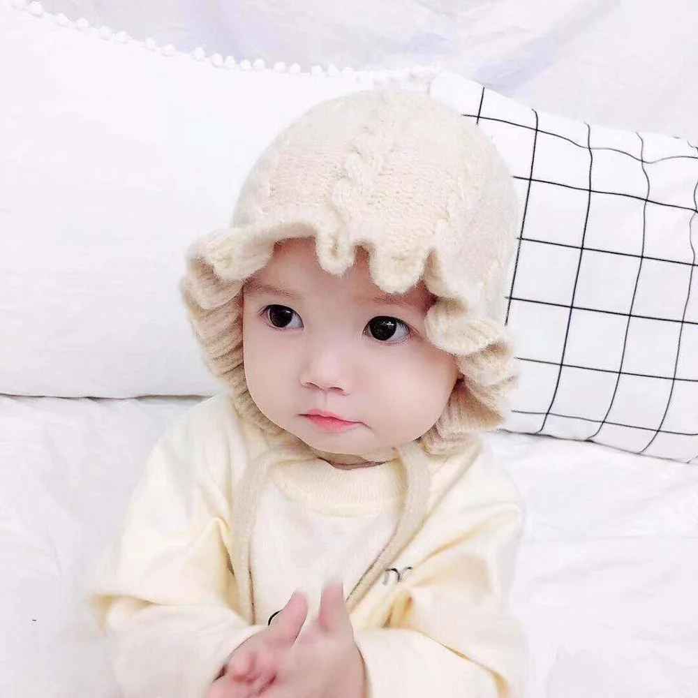 Winter Baby Girls Toddler Solid Print Hats With Ruffle Design Casual Caps Headwear New - Image 13