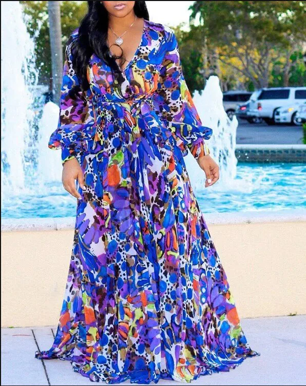 Sexy Women's long dress, Sexy Deep V Tropical Print Belt Warp Maxi Dress, - Image 3