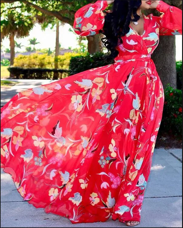 Sexy Women's long dress, Sexy Deep V Tropical Print Belt Warp Maxi Dress, - Image 5