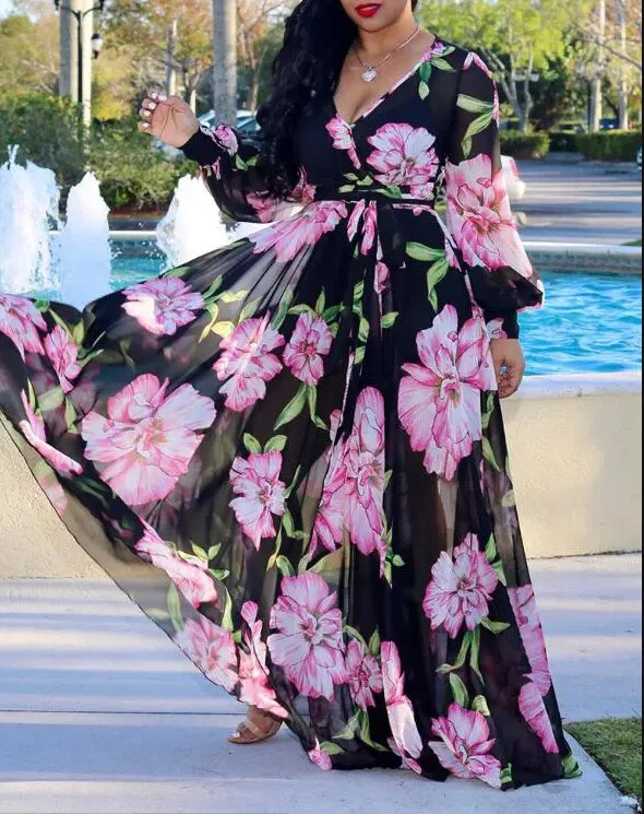 Sexy Women's long dress, Sexy Deep V Tropical Print Belt Warp Maxi Dress, - Image 6