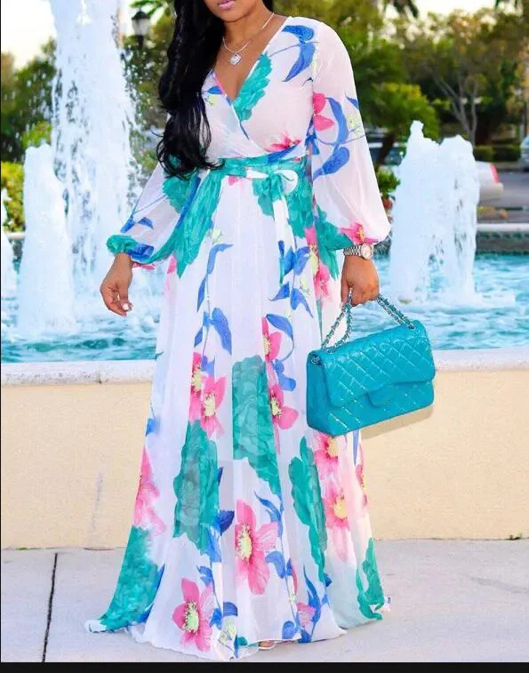 Sexy Women's long dress, Sexy Deep V Tropical Print Belt Warp Maxi Dress, - Image 7