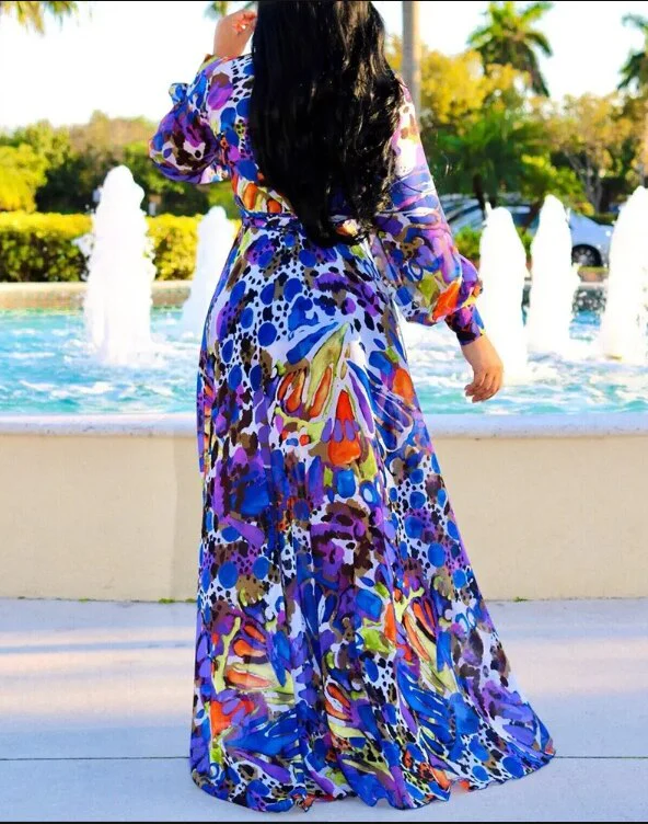 Sexy Women's long dress, Sexy Deep V Tropical Print Belt Warp Maxi Dress, - Image 8