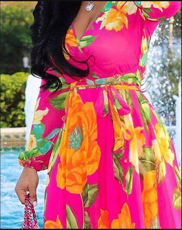 Sexy Women's long dress, Sexy Deep V Tropical Print Belt Warp Maxi Dress, - Image 9