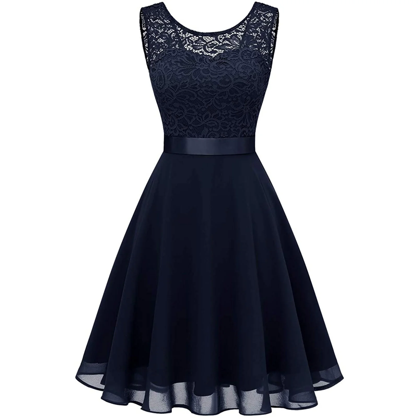 Women Sexy Lace Party Dress Fashion Female O Neck Sleeveless Loose Belt Bridesmaid Formal Dress - Image 3