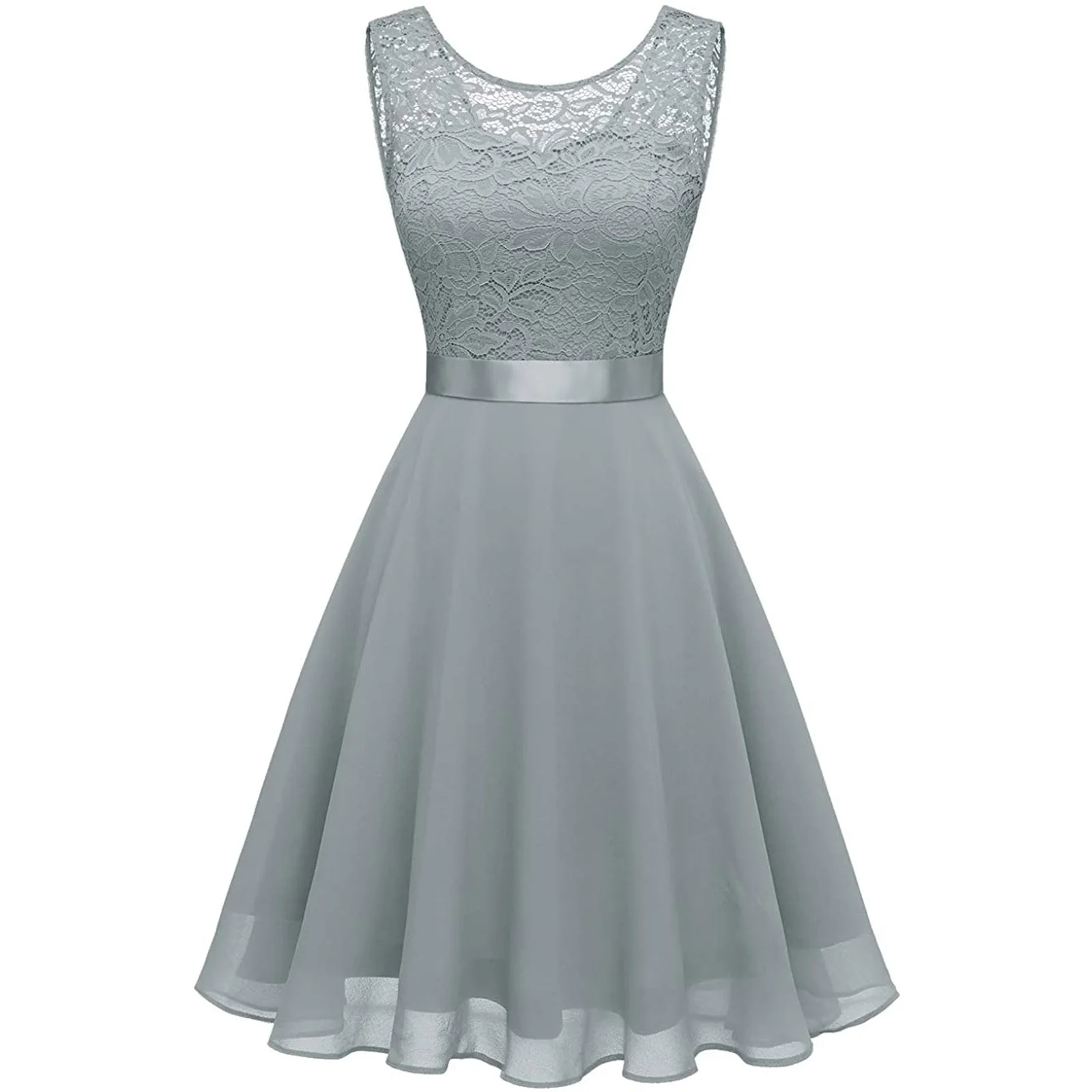 Women Sexy Lace Party Dress Fashion Female O Neck Sleeveless Loose Belt Bridesmaid Formal Dress - Image 5