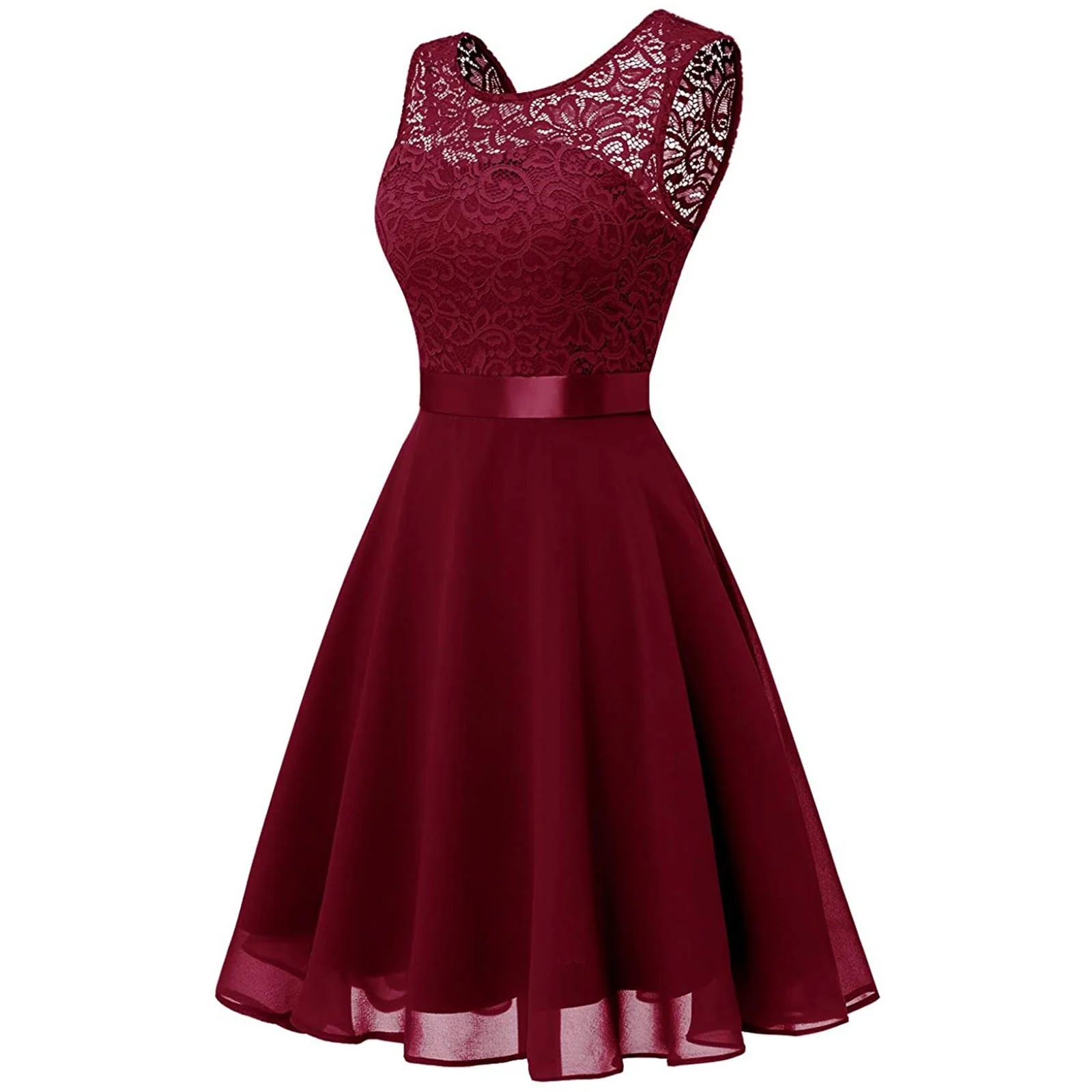 Women Sexy Lace Party Dress Fashion Female O Neck Sleeveless Loose Belt Bridesmaid Formal Dress - Image 7