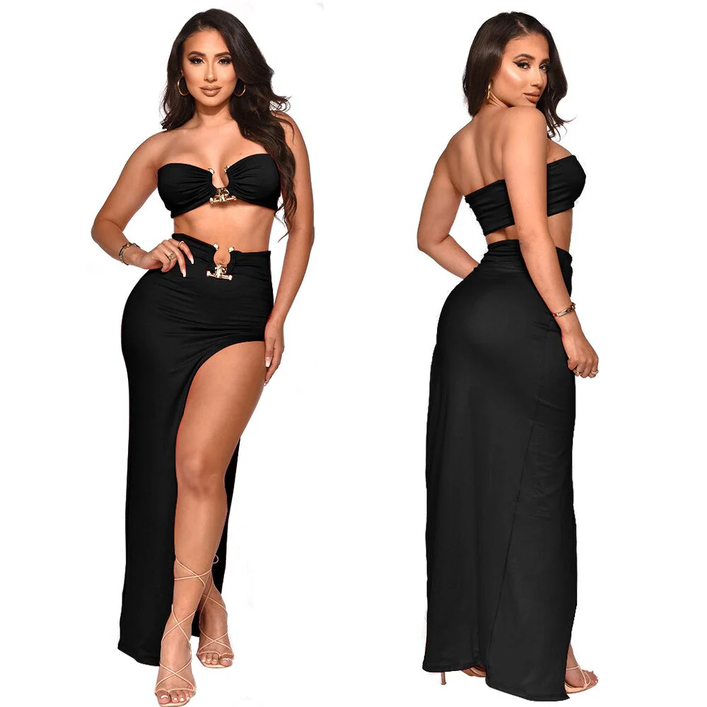 Sexy Women Skirt Suit Summer Two Piece Set Solid Strapless Sleeveless Tank Top High Slit Maxi Skirt - Image 5