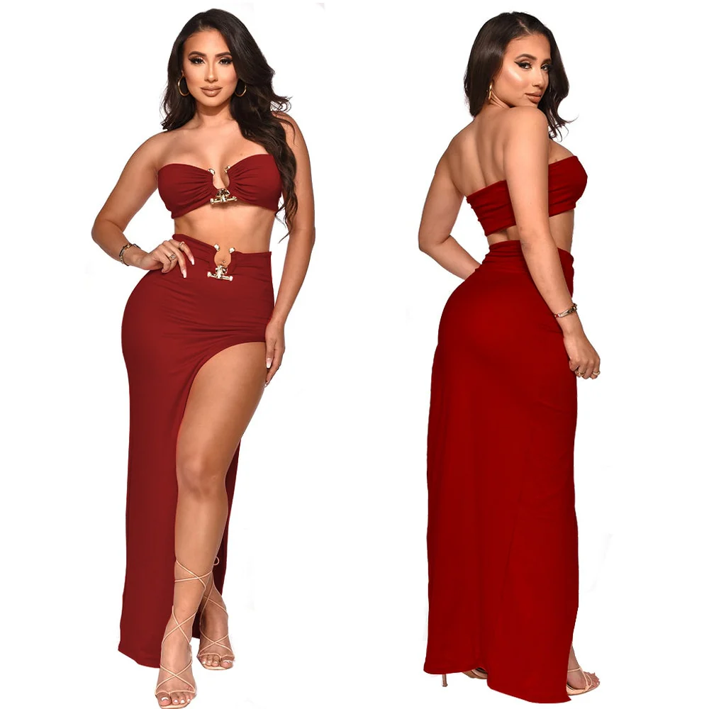 Sexy Women Skirt Suit Summer Two Piece Set Solid Strapless Sleeveless Tank Top High Slit Maxi Skirt - Image 6