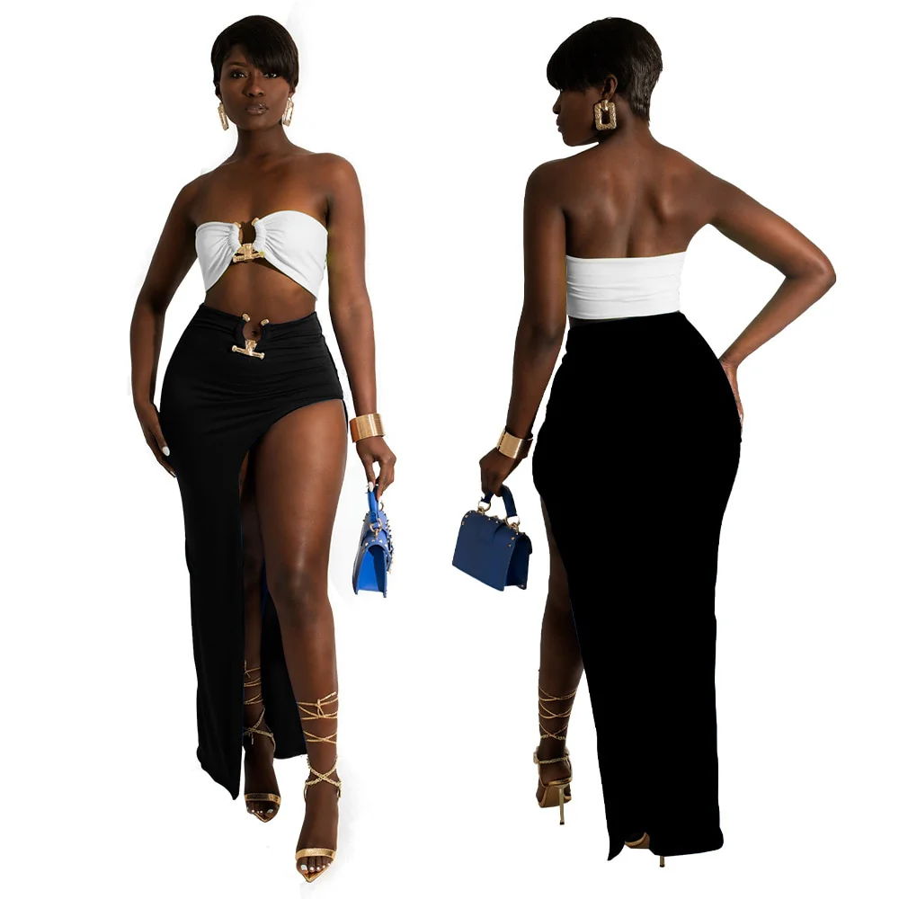 Sexy Women Skirt Suit Summer Two Piece Set Solid Strapless Sleeveless Tank Top High Slit Maxi Skirt - Image 8