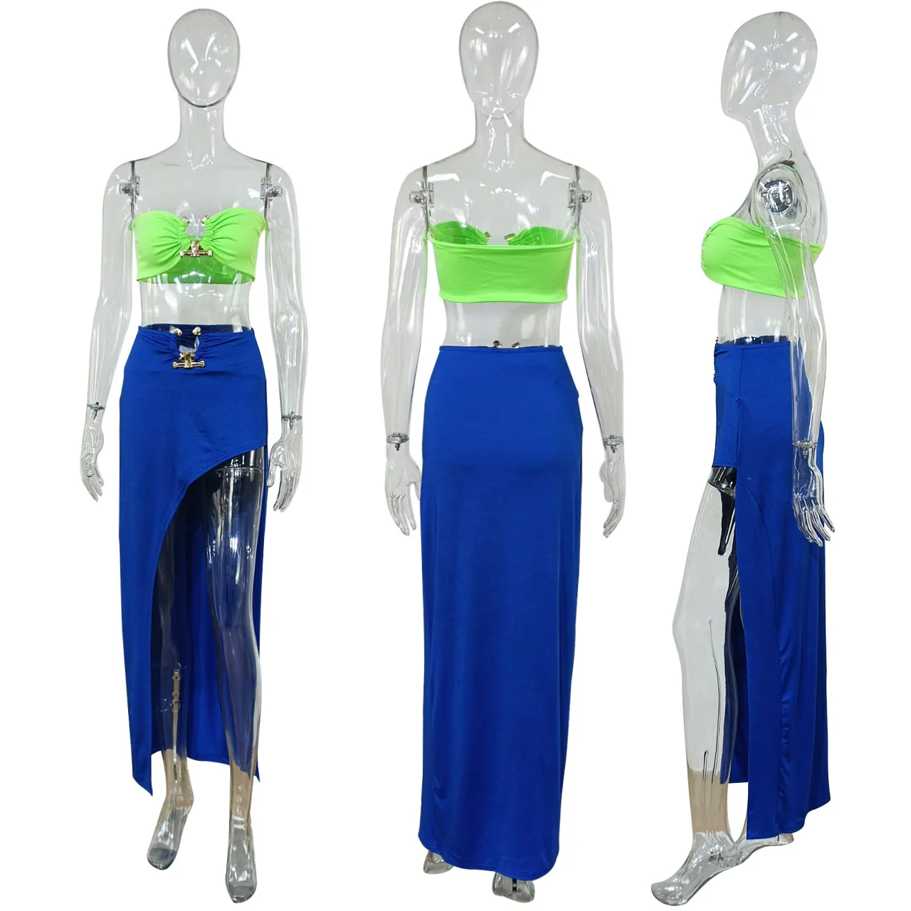 Sexy Women Skirt Suit Summer Two Piece Set Solid Strapless Sleeveless Tank Top High Slit Maxi Skirt - Image 9