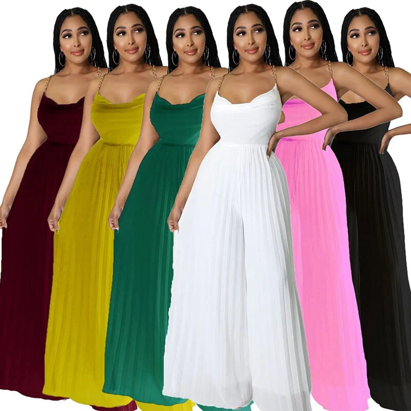 Sexy Women Solid Chiffon Jumpsutis Summer Chain Spaghetti Strap Backless Pleated  Overall - Image 10