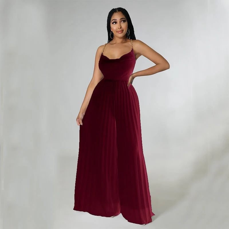 Sexy Women Solid Chiffon Jumpsutis Summer Chain Spaghetti Strap Backless Pleated  Overall - Image 11