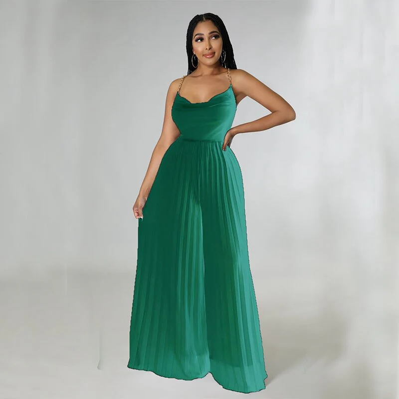 Sexy Women Solid Chiffon Jumpsutis Summer Chain Spaghetti Strap Backless Pleated  Overall - Image 12
