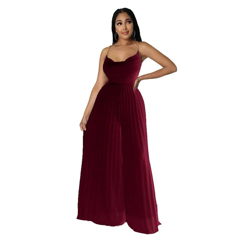 Sexy Women Solid Chiffon Jumpsutis Summer Chain Spaghetti Strap Backless Pleated  Overall - Image 6