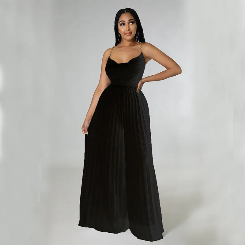 Sexy Women Solid Chiffon Jumpsutis Summer Chain Spaghetti Strap Backless Pleated  Overall - Image 8