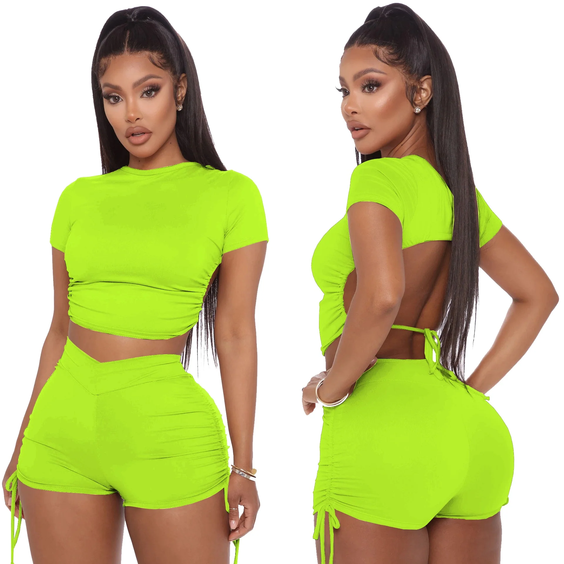 Women Sexy Summer Solid Open Back Crop Top Stacked Shorts Jogger Pnats Suit Two Piece Set - Image 3