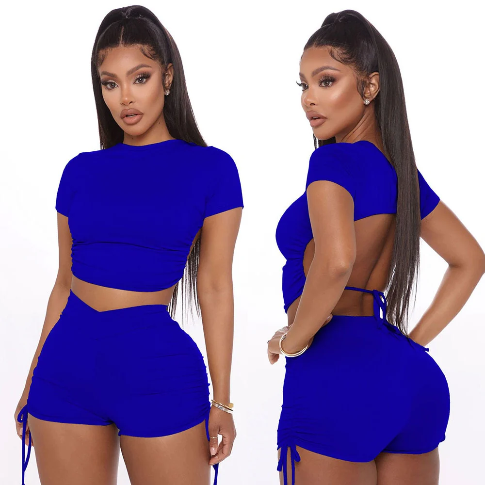 Women Sexy Summer Solid Open Back Crop Top Stacked Shorts Jogger Pnats Suit Two Piece Set - Image 4