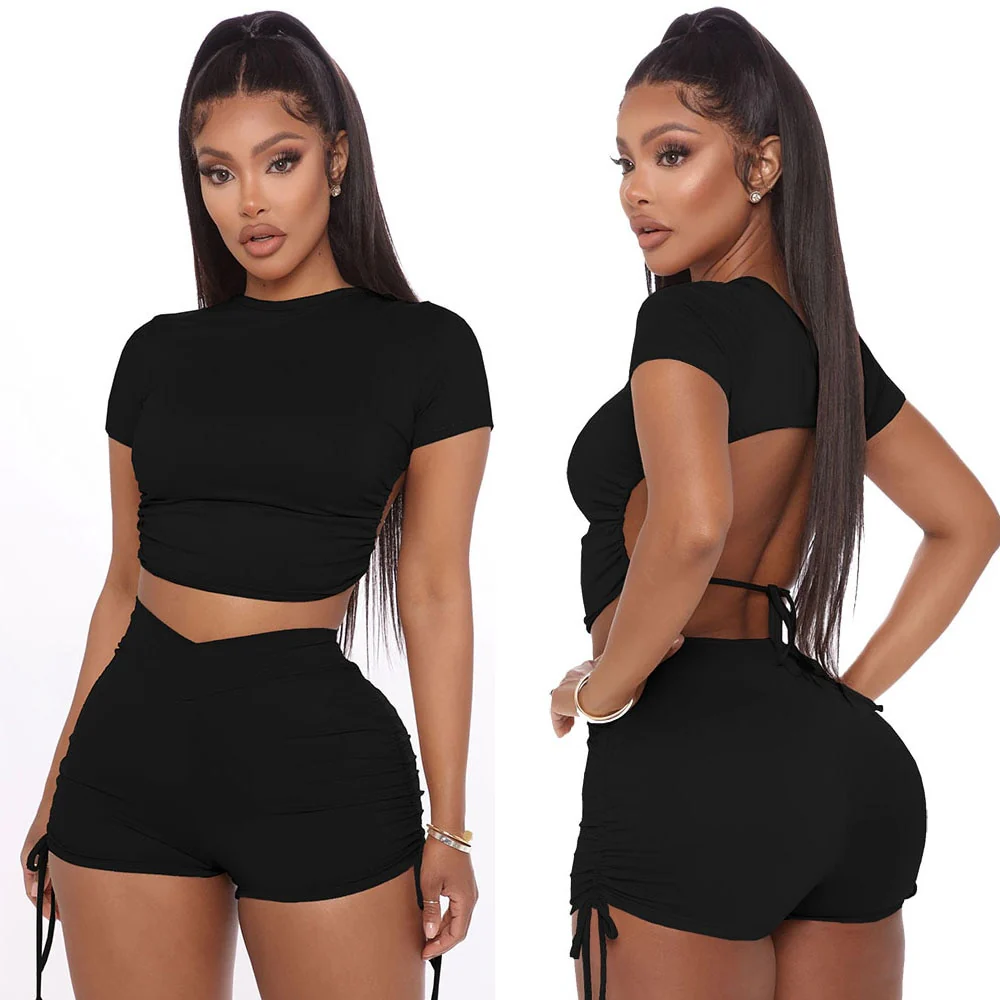 Women Sexy Summer Solid Open Back Crop Top Stacked Shorts Jogger Pnats Suit Two Piece Set - Image 5