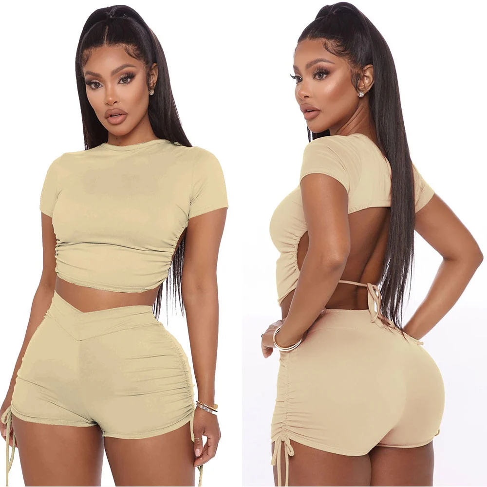 Women Sexy Summer Solid Open Back Crop Top Stacked Shorts Jogger Pnats Suit Two Piece Set - Image 6