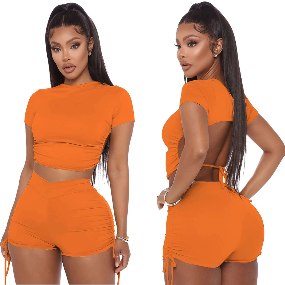Women Sexy Summer Solid Open Back Crop Top Stacked Shorts Jogger Pnats Suit Two Piece Set - Image 7