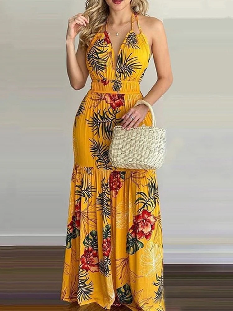 Women Tropical Print Sexy Halter Backless Summer Maxi Dress - Image 3