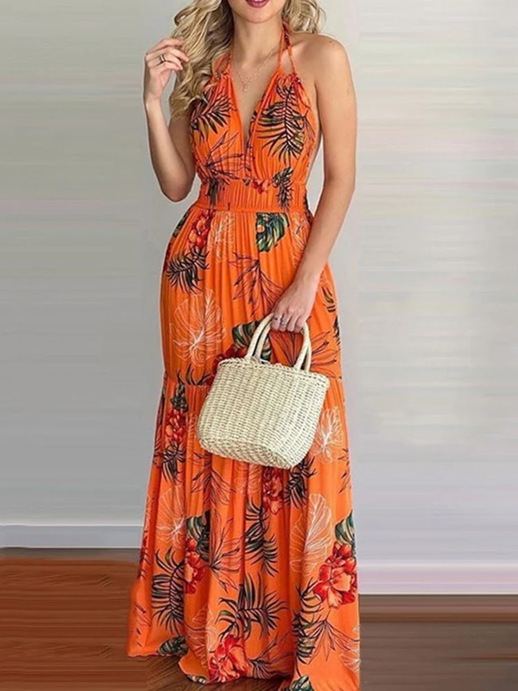 Women Tropical Print Sexy Halter Backless Summer Maxi Dress - Image 4