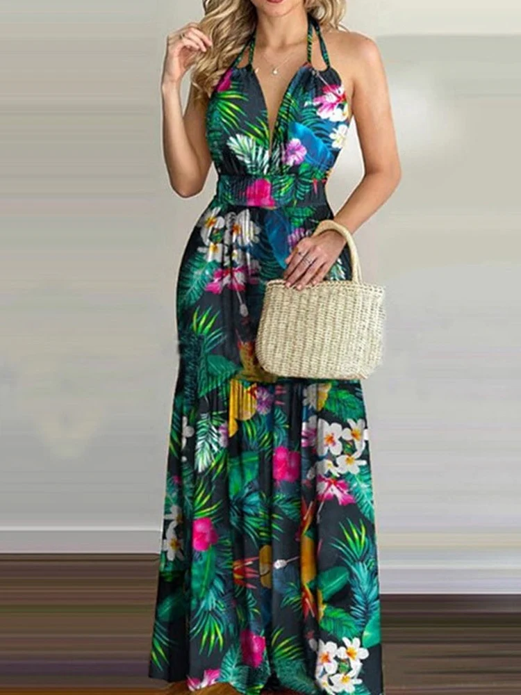 Women Tropical Print Sexy Halter Backless Summer Maxi Dress - Image 5