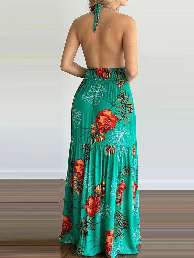 Women Tropical Print Sexy Halter Backless Summer Maxi Dress - Image 6