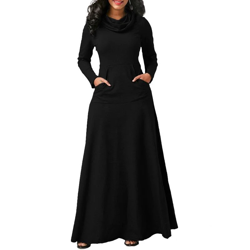 Sexy Women Warm Dress With Pocket Casual Solid Vintage Autumn Winter Maxi Dress - Image 11
