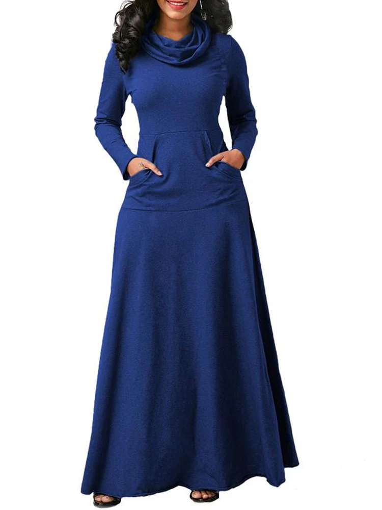 Sexy Women Warm Dress With Pocket Casual Solid Vintage Autumn Winter Maxi Dress - Image 12