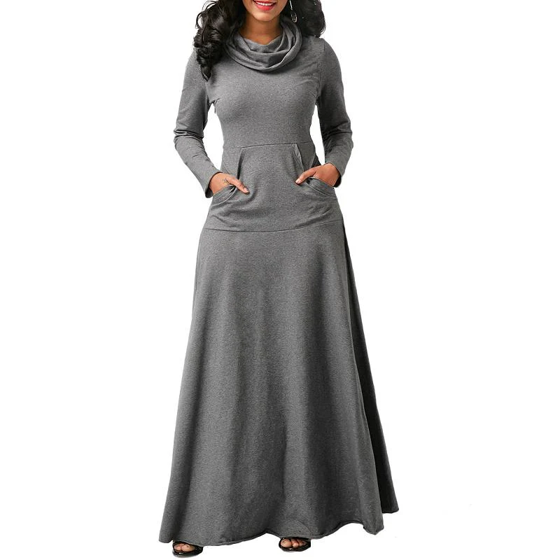 Sexy Women Warm Dress With Pocket Casual Solid Vintage Autumn Winter Maxi Dress - Image 3