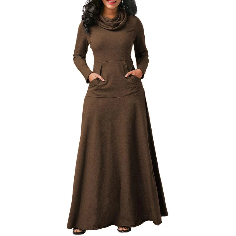 Sexy Women Warm Dress With Pocket Casual Solid Vintage Autumn Winter Maxi Dress - Image 4