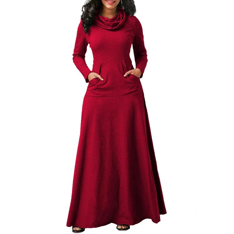 Sexy Women Warm Dress With Pocket Casual Solid Vintage Autumn Winter Maxi Dress - Image 5