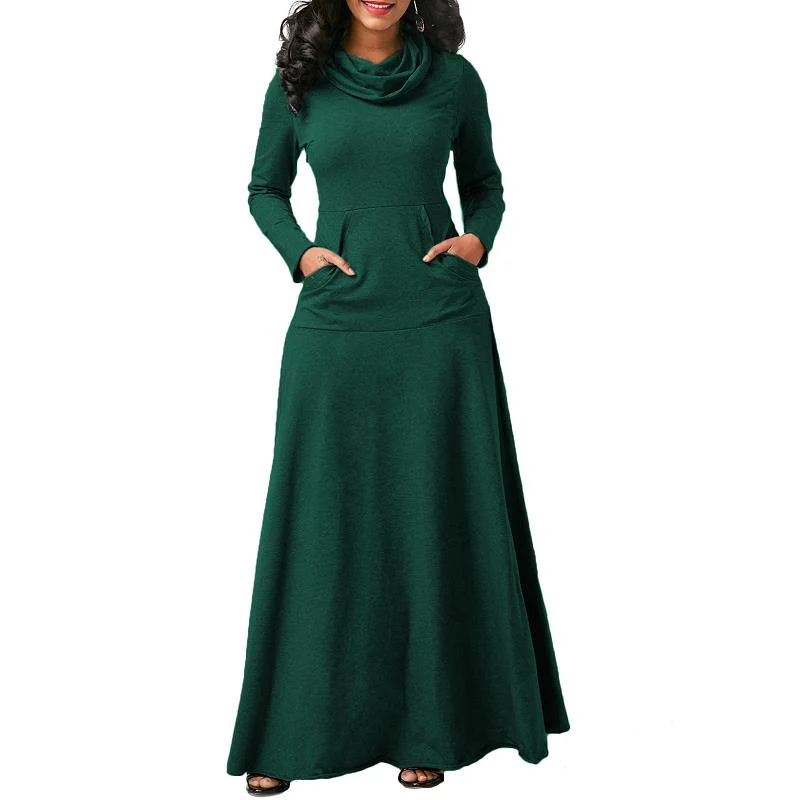 Sexy Women Warm Dress With Pocket Casual Solid Vintage Autumn Winter Maxi Dress - Image 7