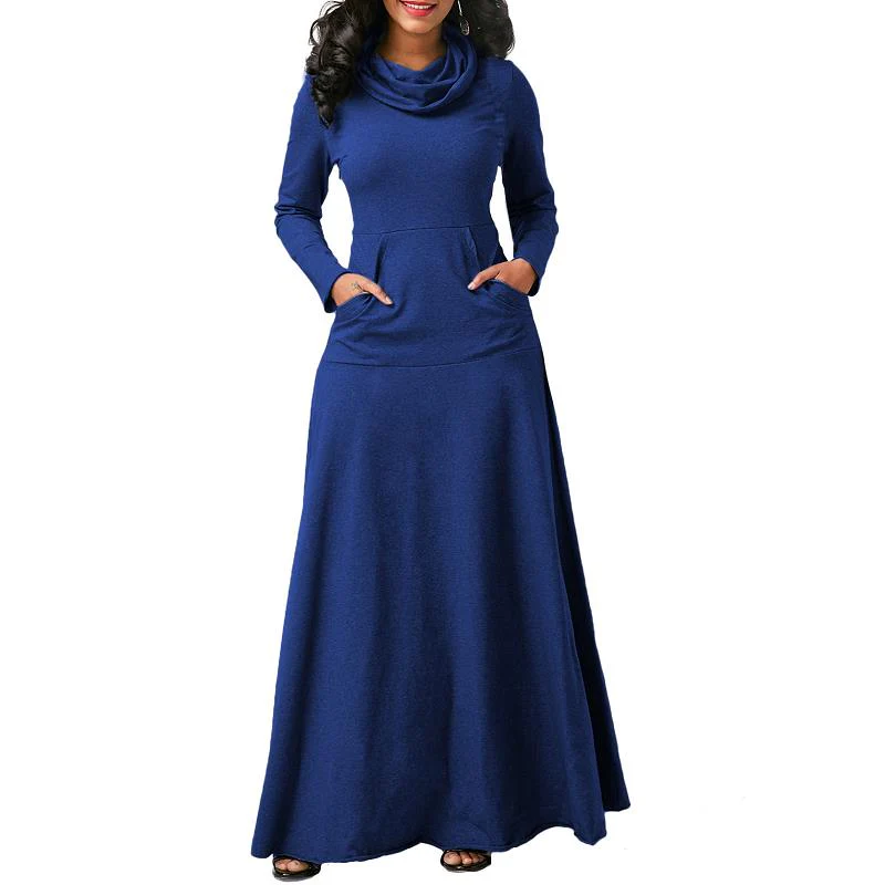 Sexy Women Warm Dress With Pocket Casual Solid Vintage Autumn Winter Maxi Dress - Image 8