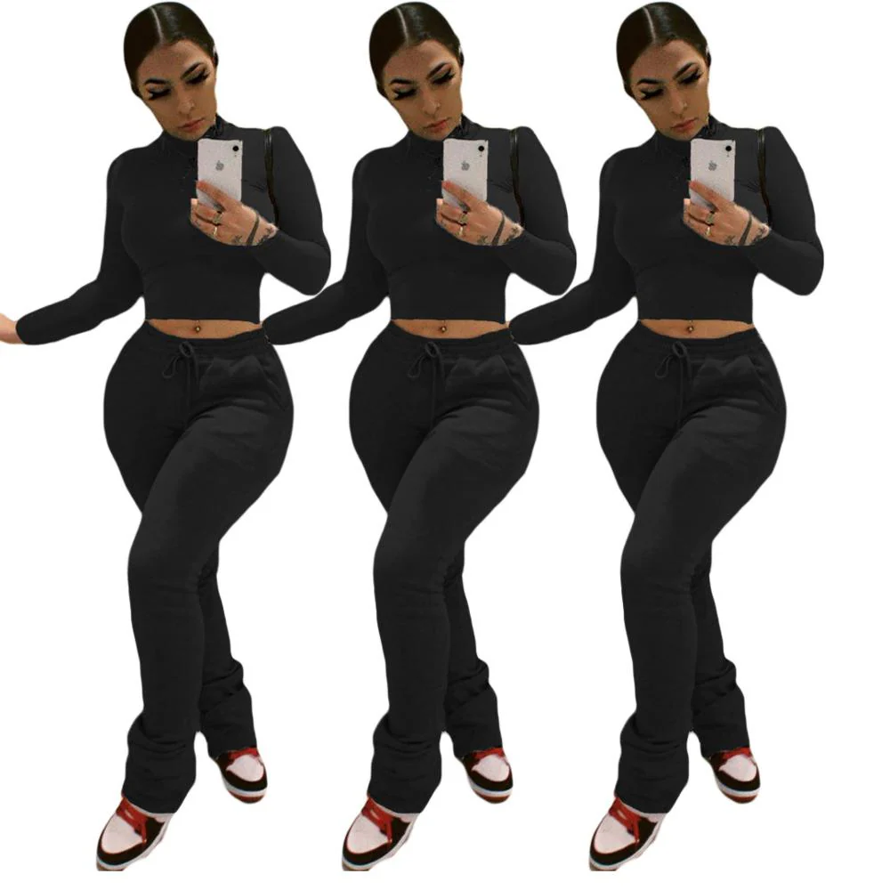 Sexy Women Workout Two Piece Set Casual Solid Long Sleeve Crop Tops T-Shirt Leggings - Image 10