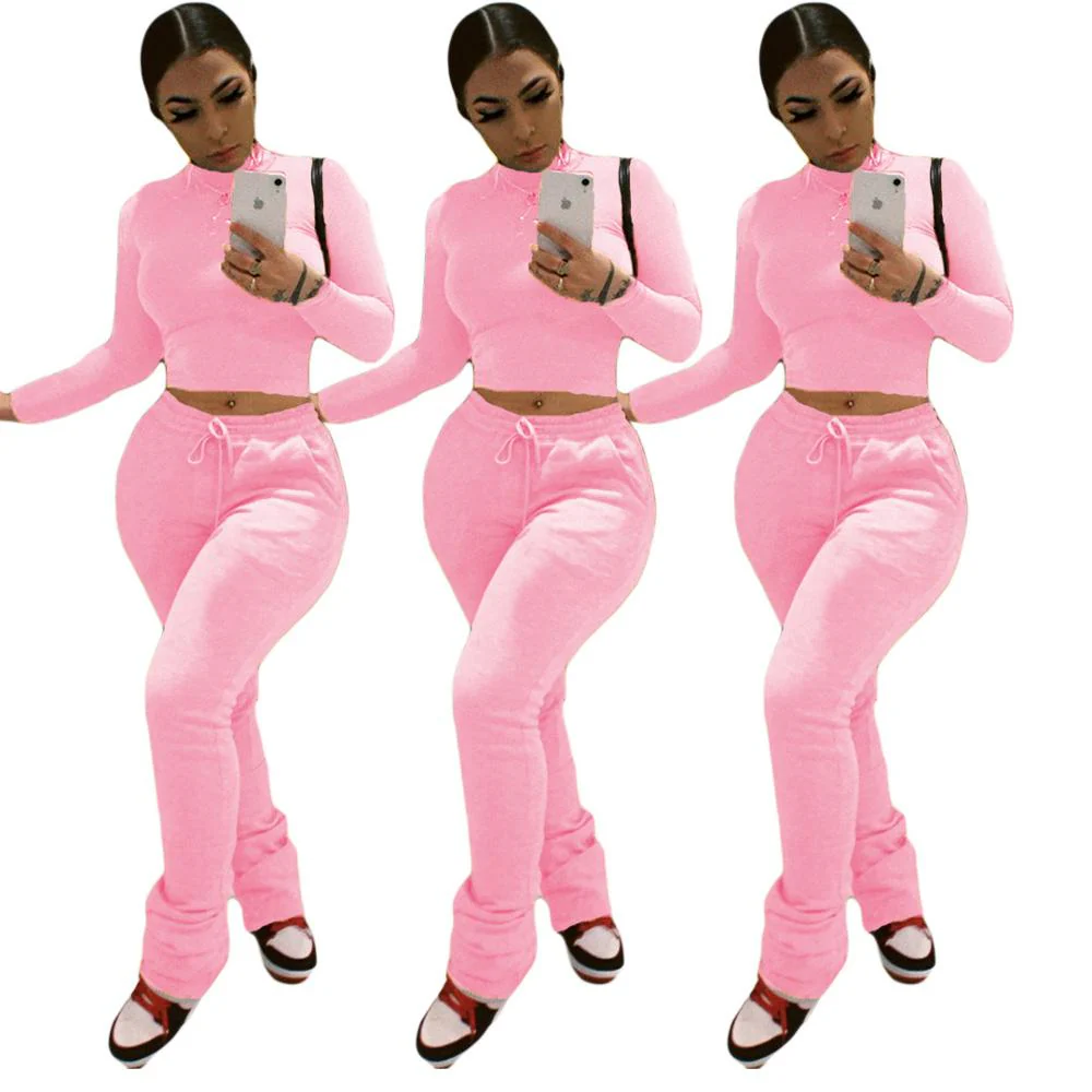 Sexy Women Workout Two Piece Set Casual Solid Long Sleeve Crop Tops T-Shirt Leggings - Image 11