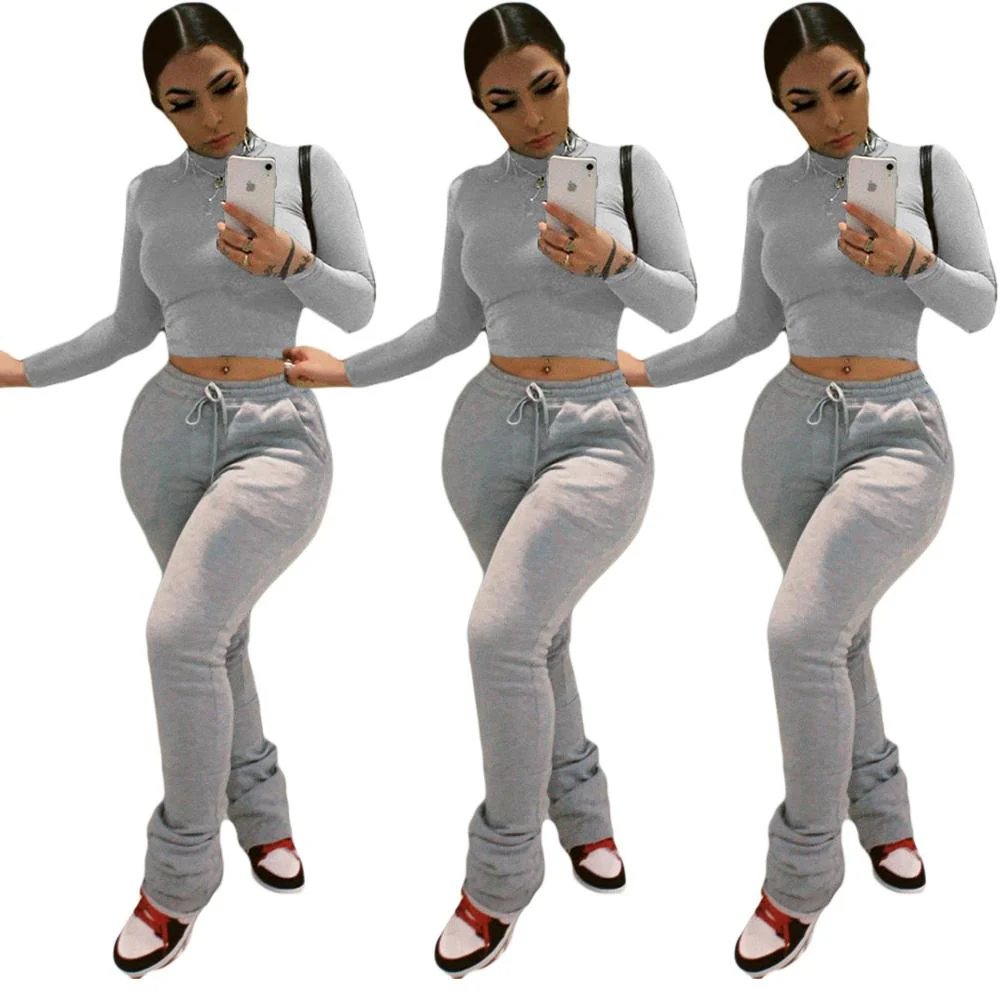Sexy Women Workout Two Piece Set Casual Solid Long Sleeve Crop Tops T-Shirt Leggings - Image 12