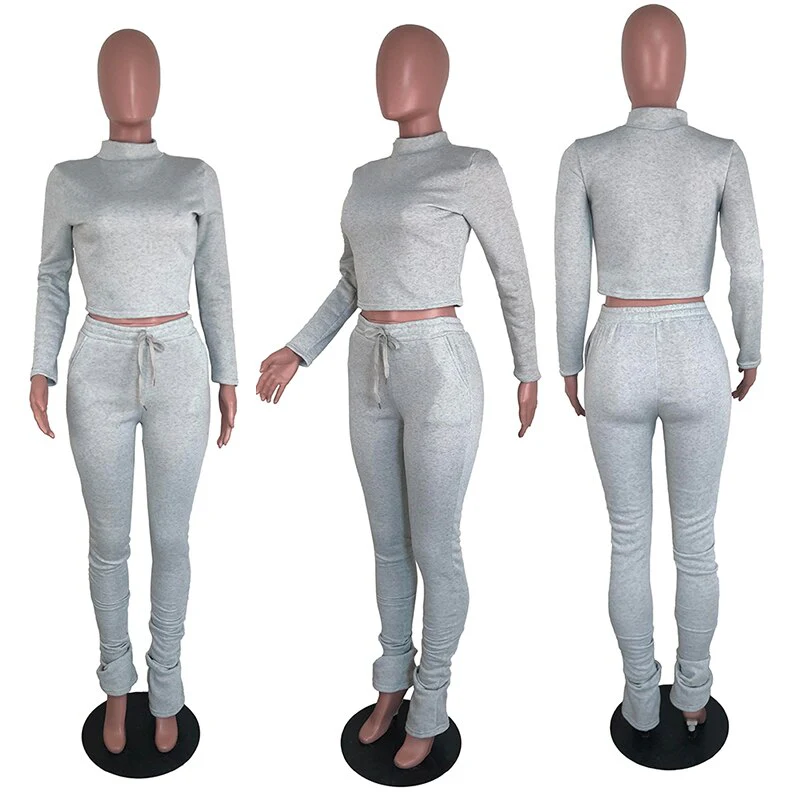 Sexy Women Workout Two Piece Set Casual Solid Long Sleeve Crop Tops T-Shirt Leggings - Image 14