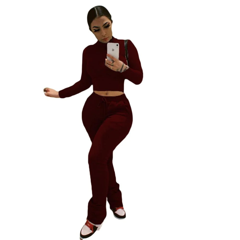 Sexy Women Workout Two Piece Set Casual Solid Long Sleeve Crop Tops T-Shirt Leggings - Image 3