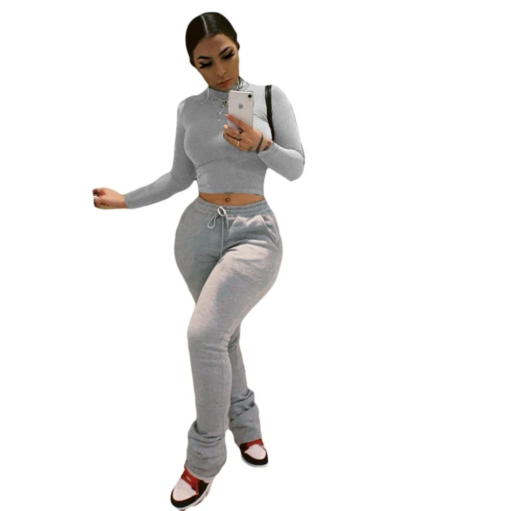 Sexy Women Workout Two Piece Set Casual Solid Long Sleeve Crop Tops T-Shirt Leggings - Image 4