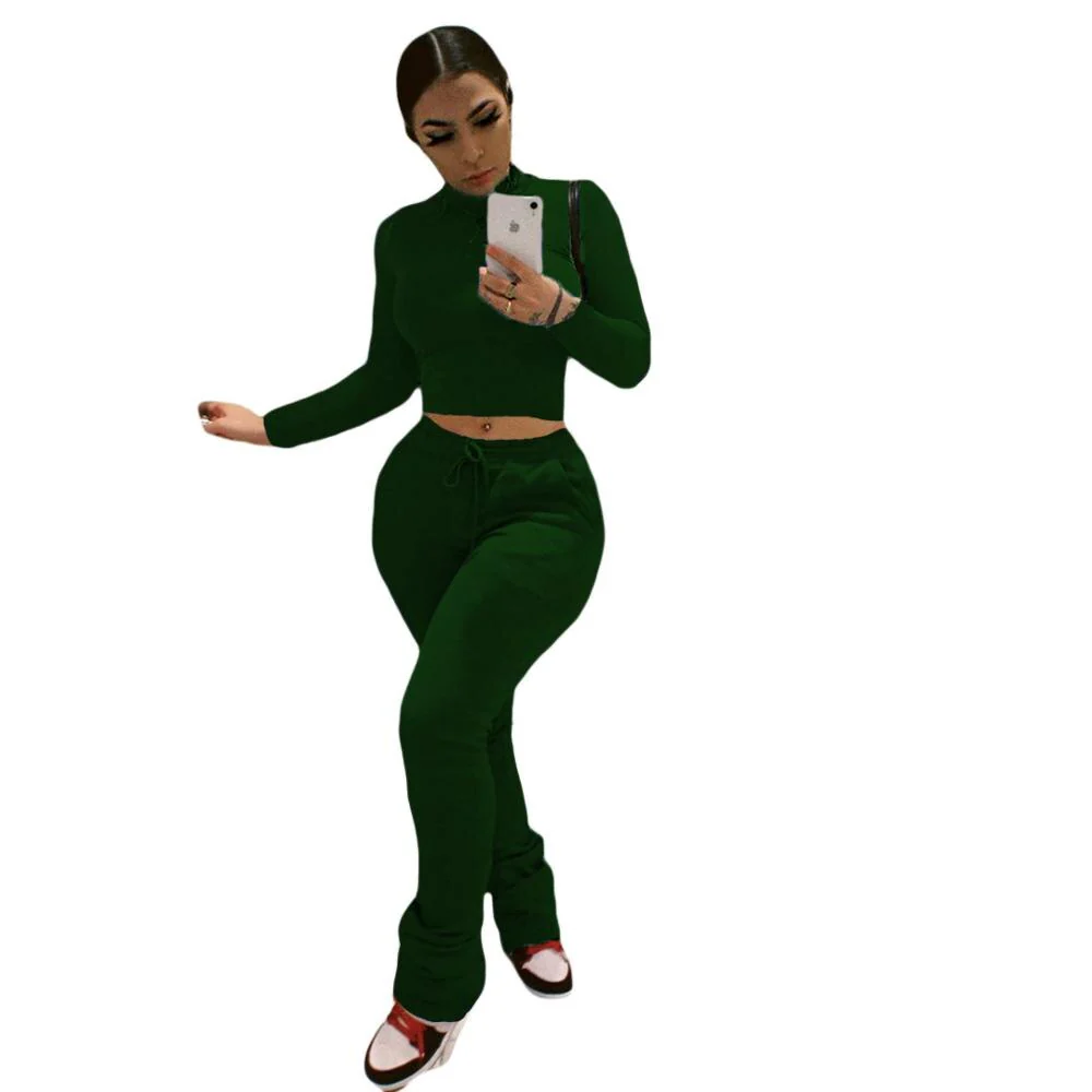 Sexy Women Workout Two Piece Set Casual Solid Long Sleeve Crop Tops T-Shirt Leggings - Image 5