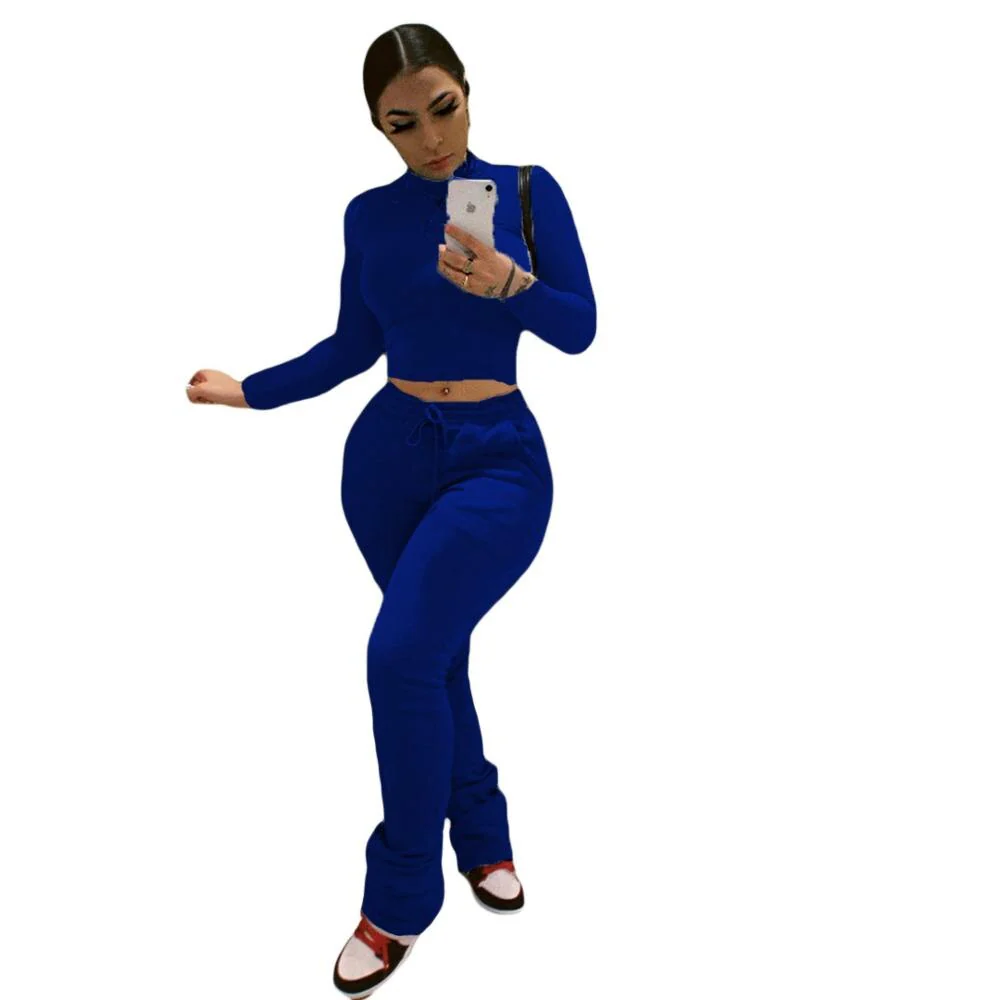 Sexy Women Workout Two Piece Set Casual Solid Long Sleeve Crop Tops T-Shirt Leggings - Image 6