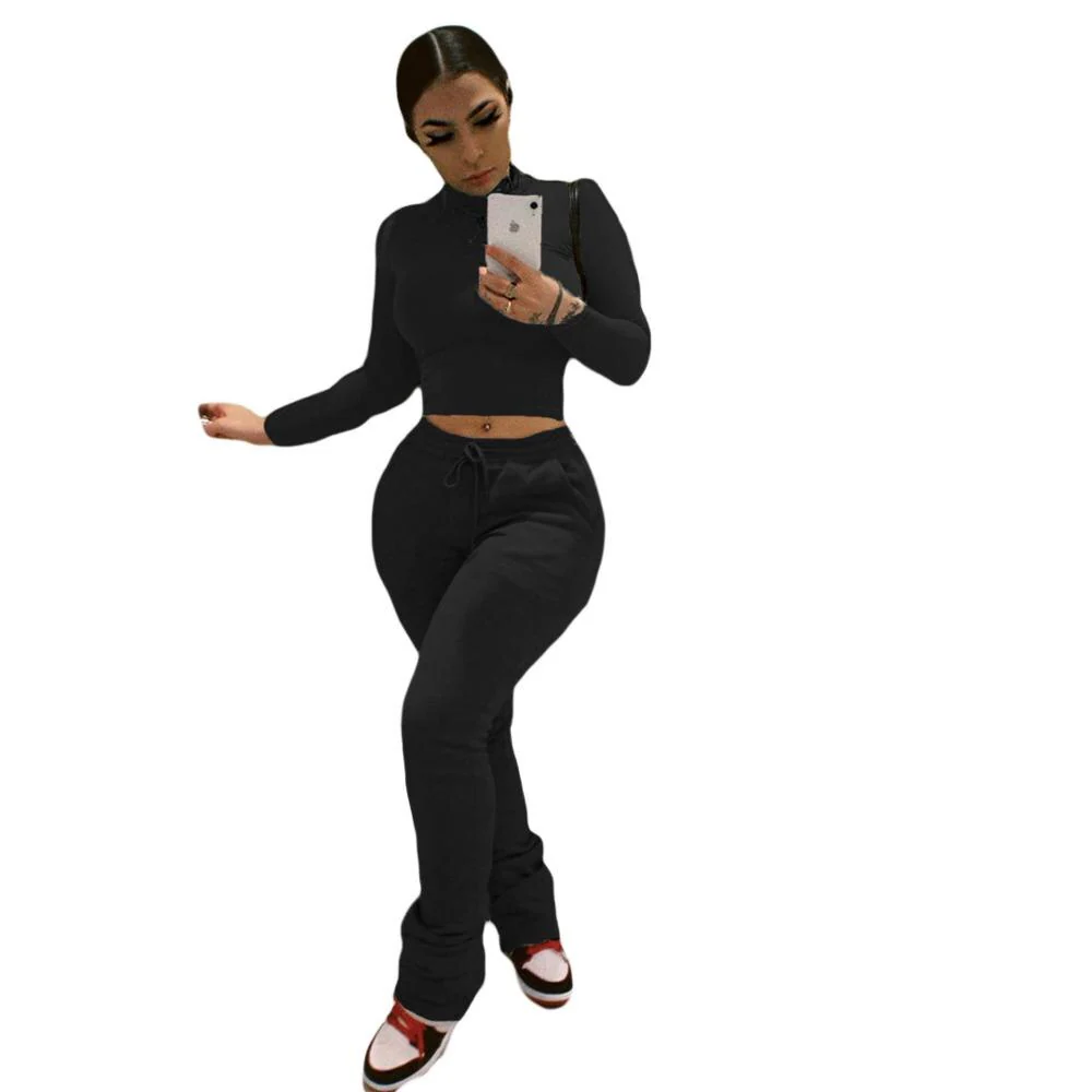 Sexy Women Workout Two Piece Set Casual Solid Long Sleeve Crop Tops T-Shirt Leggings - Image 7