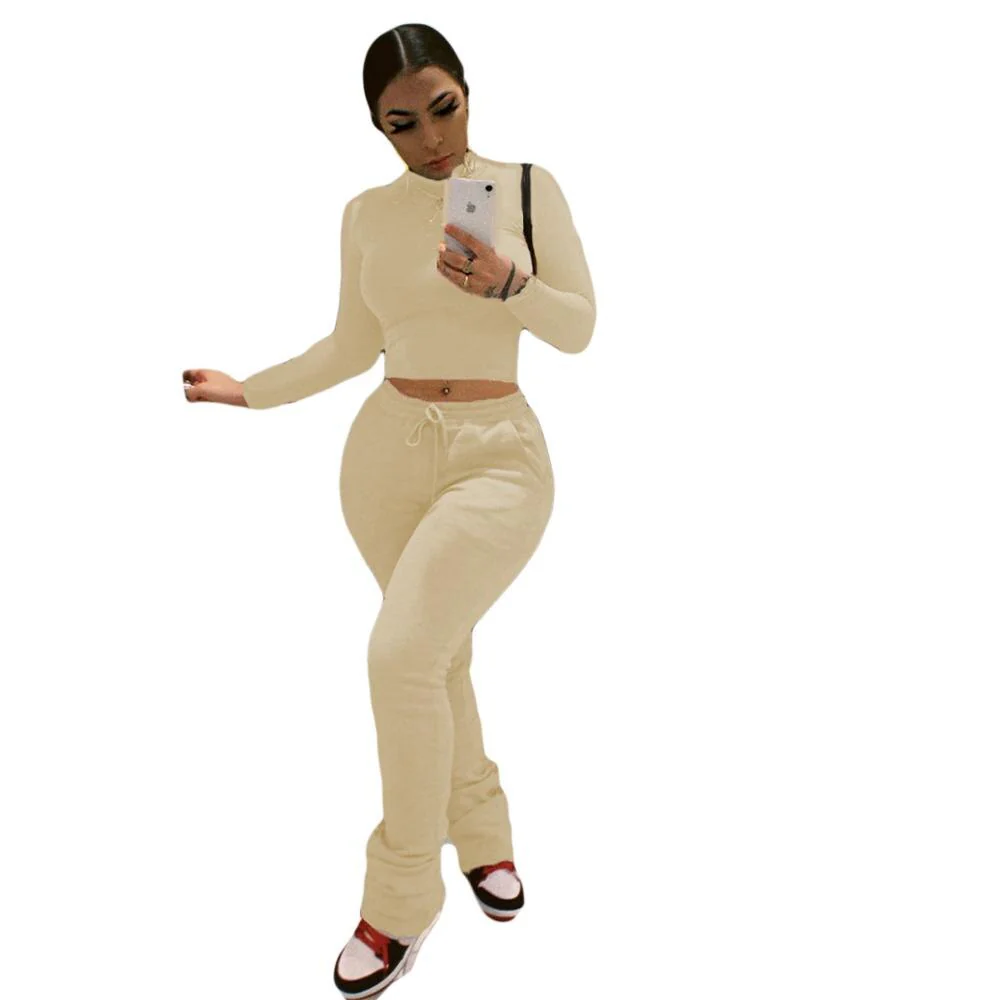 Sexy Women Workout Two Piece Set Casual Solid Long Sleeve Crop Tops T-Shirt Leggings - Image 8