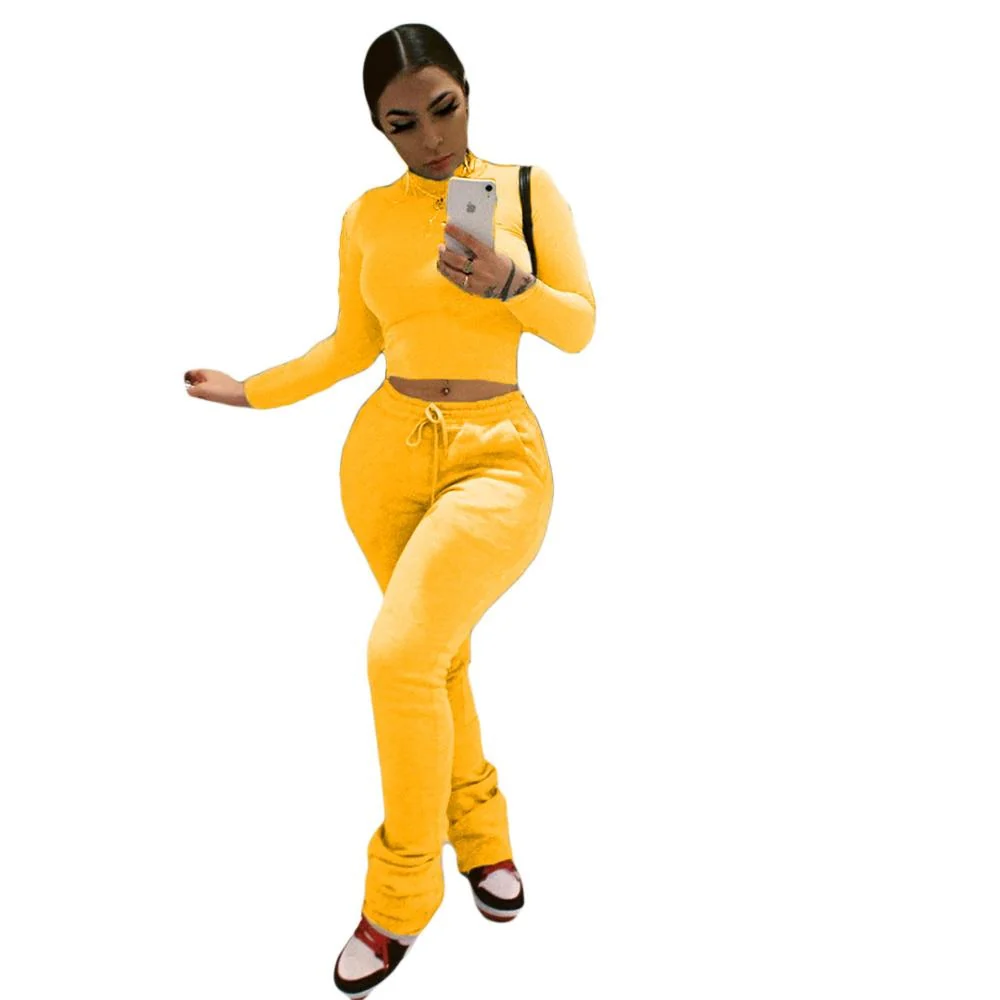 Sexy Women Workout Two Piece Set Casual Solid Long Sleeve Crop Tops T-Shirt Leggings - Image 9